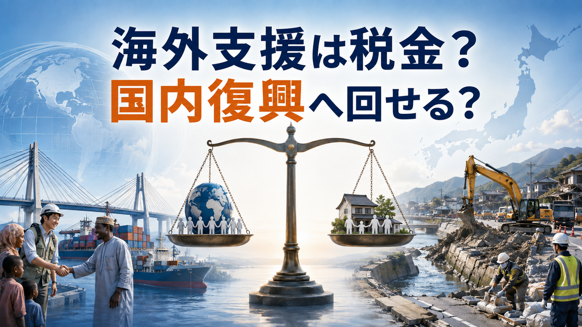日本の海外支援と国内の災害復興を天秤にかけて考えるイメージ