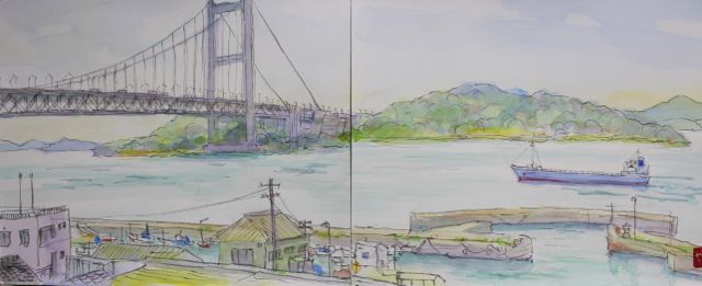 【お試し価格！】 風景画「下津井の海」油彩画 SM 瀬戸の風景 木製フレーム付き 絵画