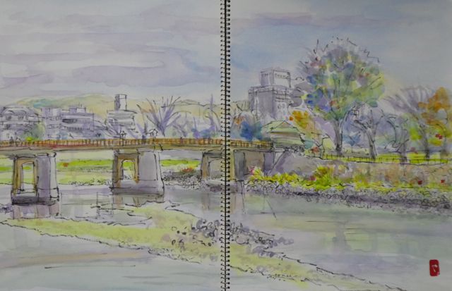 水彩画 橋と街並み 水彩画 橋と街並み