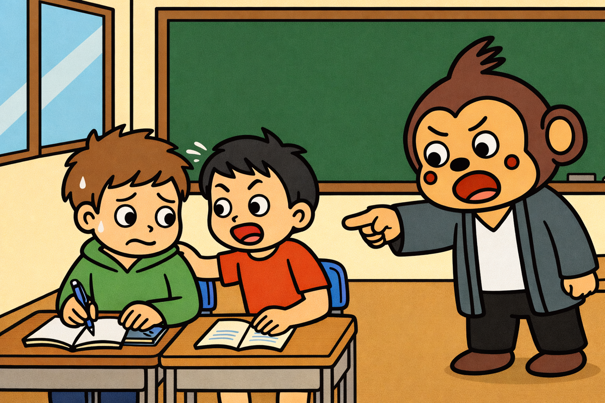 友達のせいで、先生に怒られた。