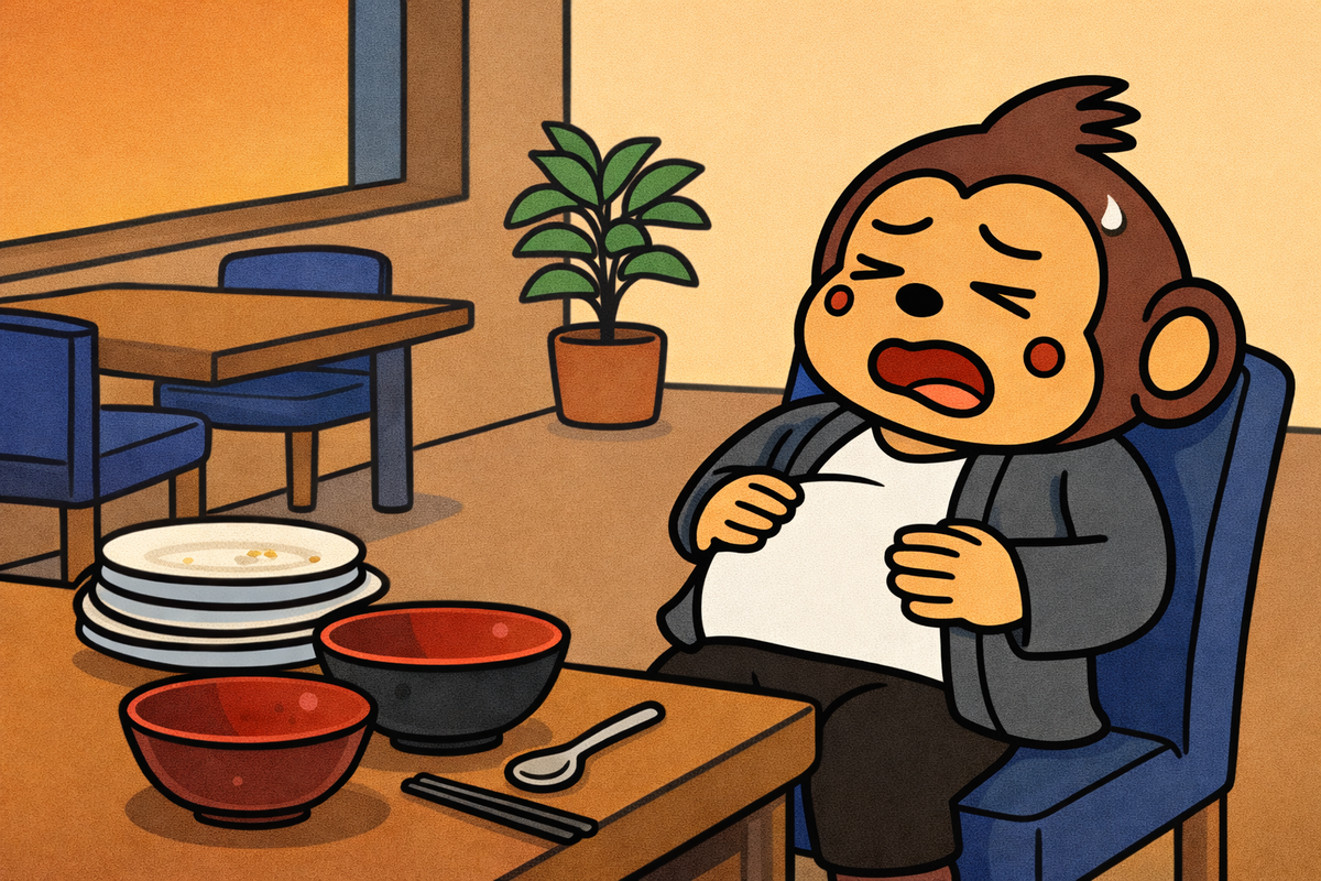 食べすぎたせいで、お腹が苦しい。