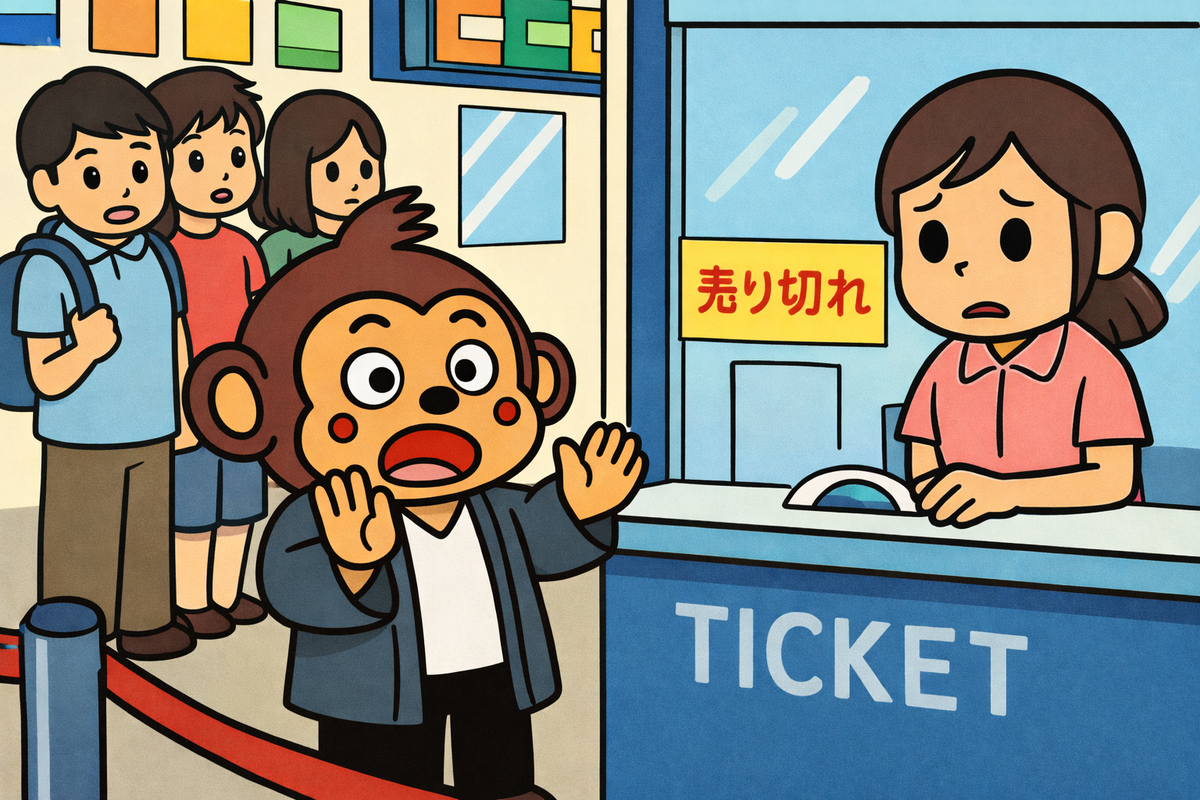 何時間も並んだあげく、チケットは売り切れていた。