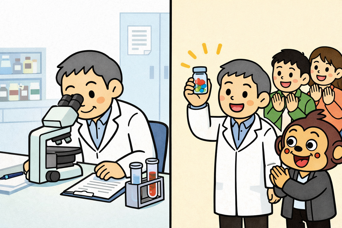長い研究の末に、新しい薬が完成した。