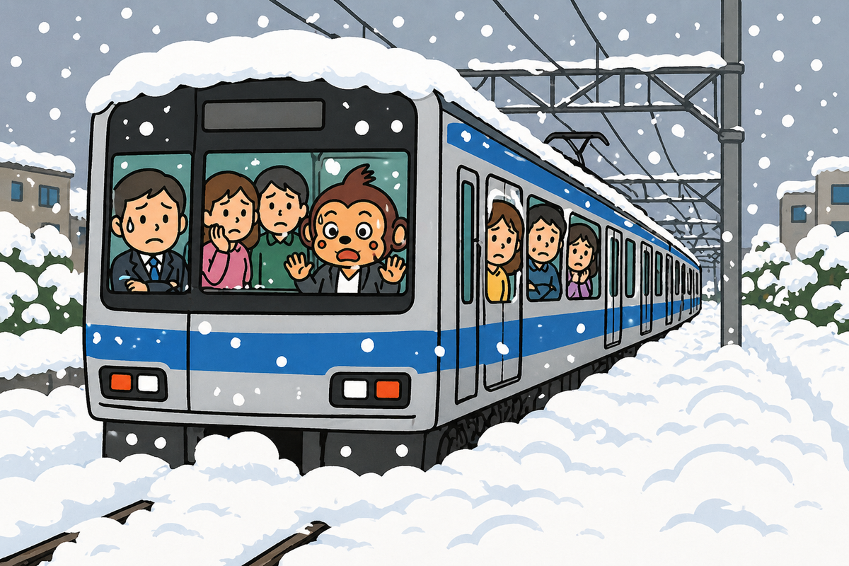 大雪によって、電車が止まった。