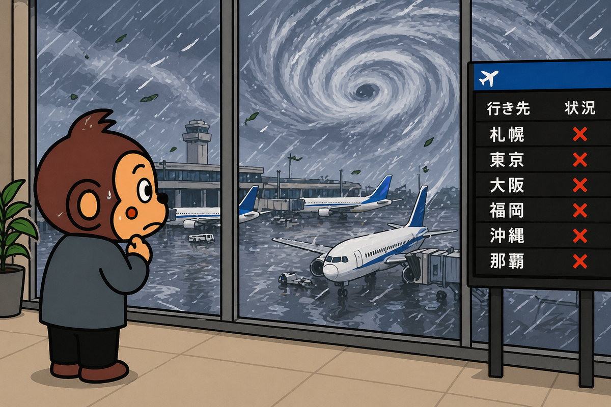 台風によって、飛行機が飛べなくなった。