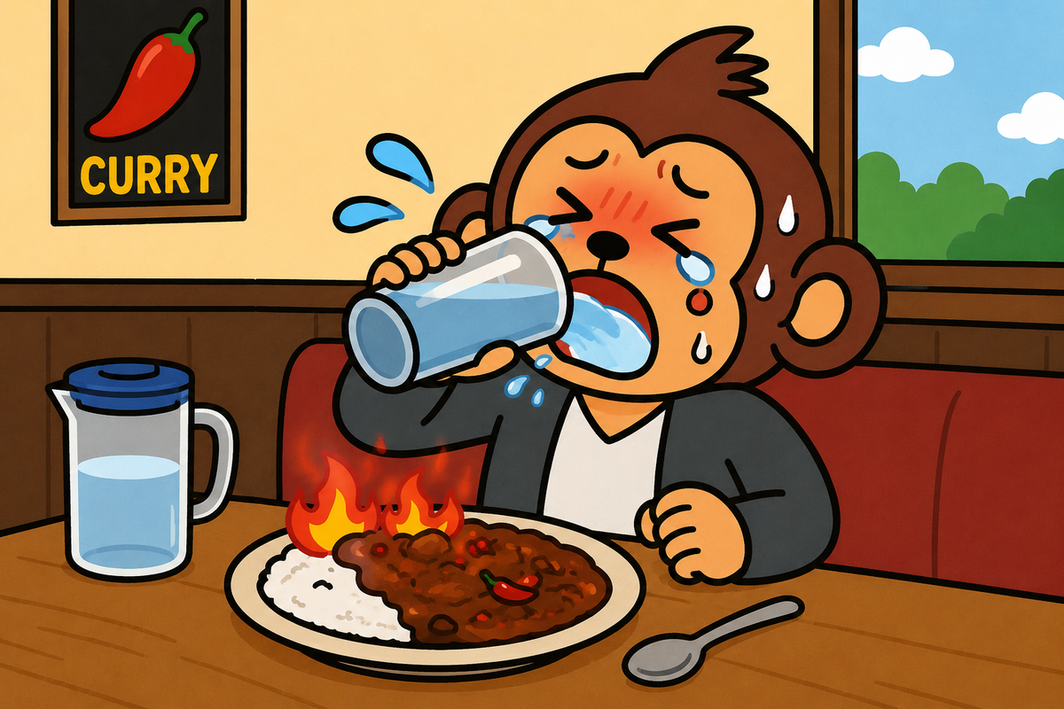 このカレーはとても辛いので、水を飲まずにはいられない。