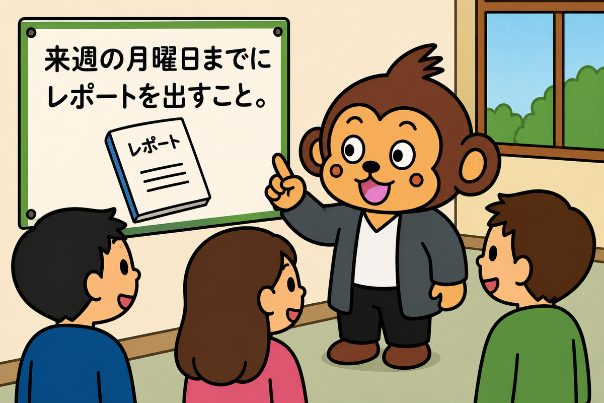 来週の月曜日までにレポートを出すこと。