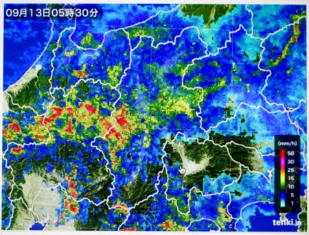 雨雲レーダー画像、佐久地方に大雨が…。(28.9.13)