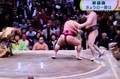 TV画像、休場明けの「御嶽海」が、全勝の「白鵬」に勝った。(31.1.23)