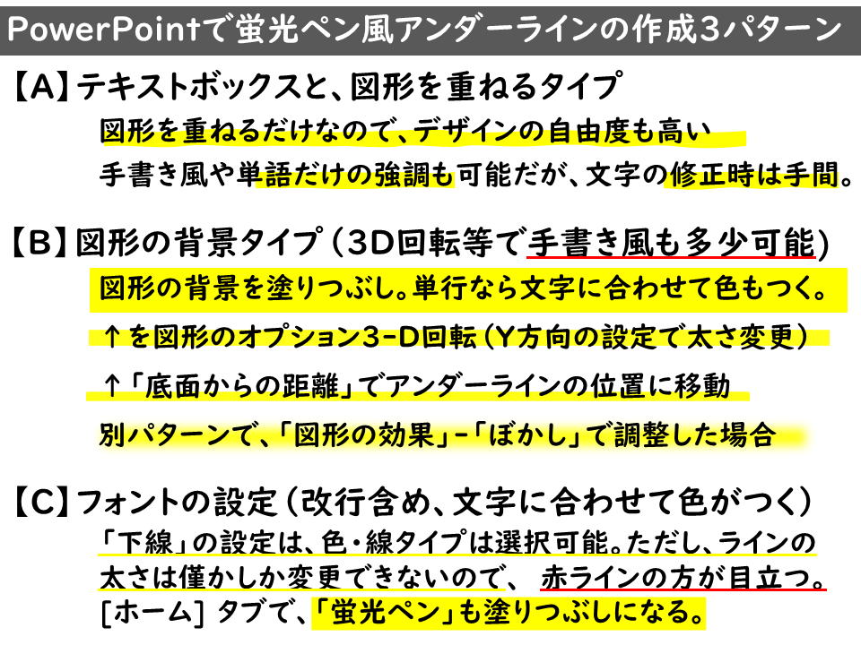 PowerPointで蛍光ペン風アンダーラインの作成方法3パターンのまとめ