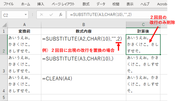 SUBSTITUTE関数、またはCLEAN関数の使用例