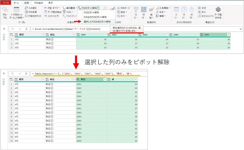 選択した列のみ選択してクリック。最初の「列のピボット解除」と同様