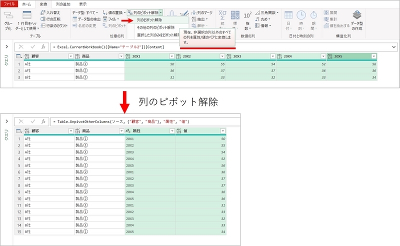 行方向に変換したい列を選択して「列のピボット解除」をクリック