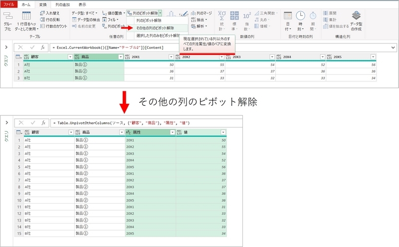 行方向に変換しない列を選択して「その他の列のピボット解除