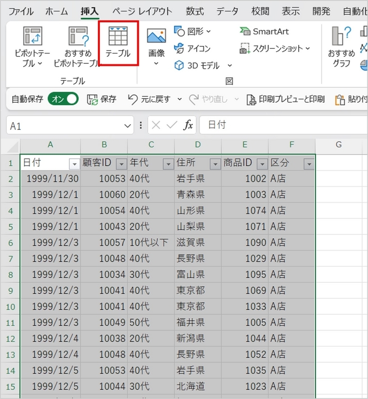 データ範囲を選択肢、「挿入」－「テーブル」をクリック