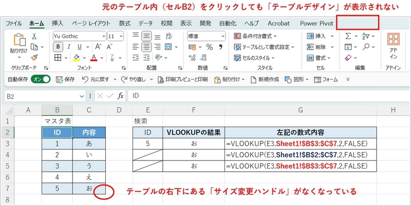 数式はセル参照に変更、「テーブルデザイン」の表示もなくなる