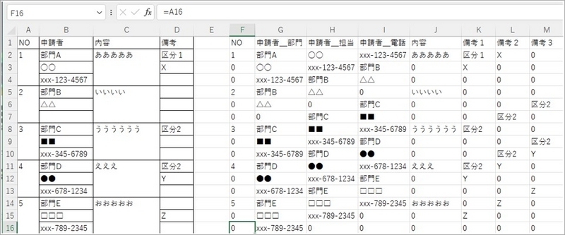 変換したい表の範囲まで、下方向に数式をコピーしている