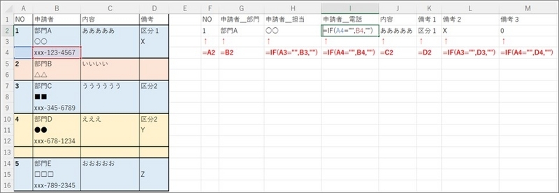 IF文で、データ開始行であるかを空欄のセルを判定に利用している