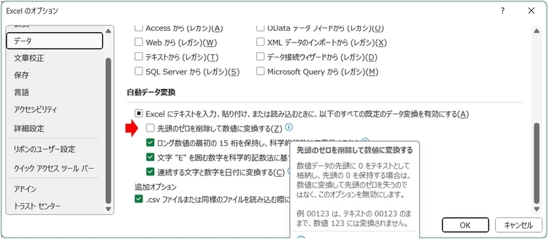 「Excelのオプション」ー「データ」の自動データ変換で設定可能