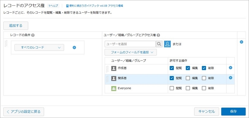 「作成者」と「関係者」に閲覧や編集の権限を付与しています