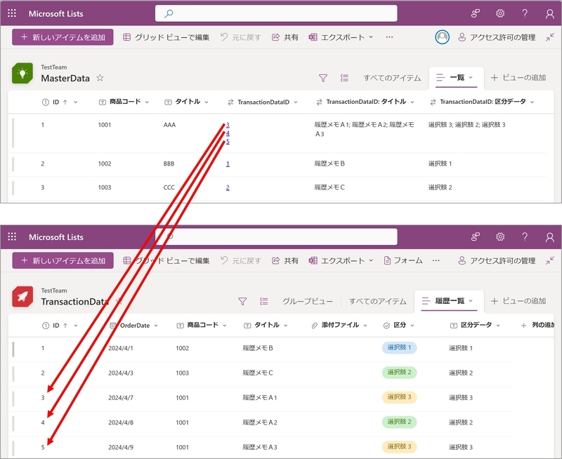 マスタデータの参照列で、リレーションデータの表示、リンクがされている