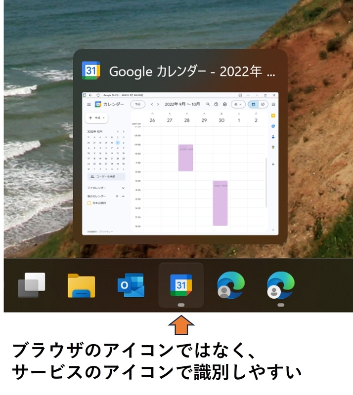 ブラウザのアイコンではなく、サービスのアイコンで識別しやすい状態になっています