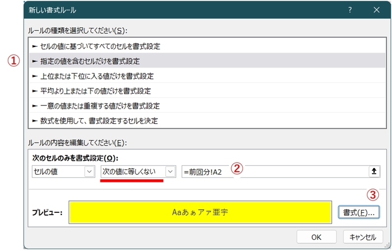 今回分で比較したい左上端に対応する「前回分」のセルを選択し、相対参照にしている