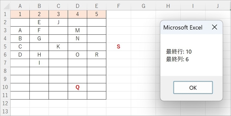 Qの位置が最終行で10行目、Sの位置が最終列で5列目であることを取得している