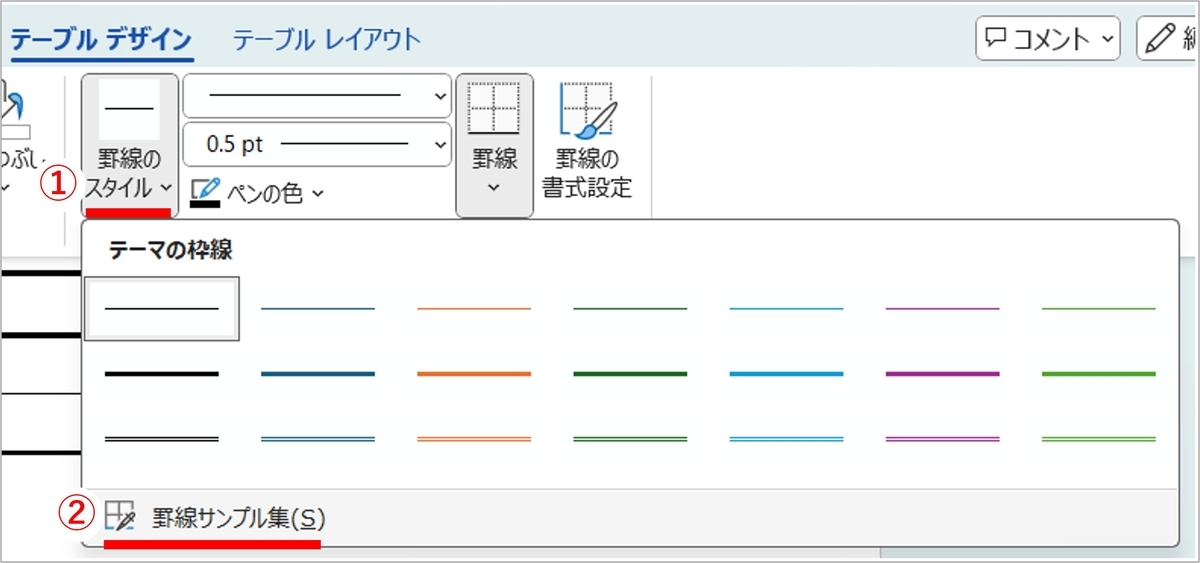 Wordの表ツール［デザイン］タブで罫線サンプル集を選択する操作画面