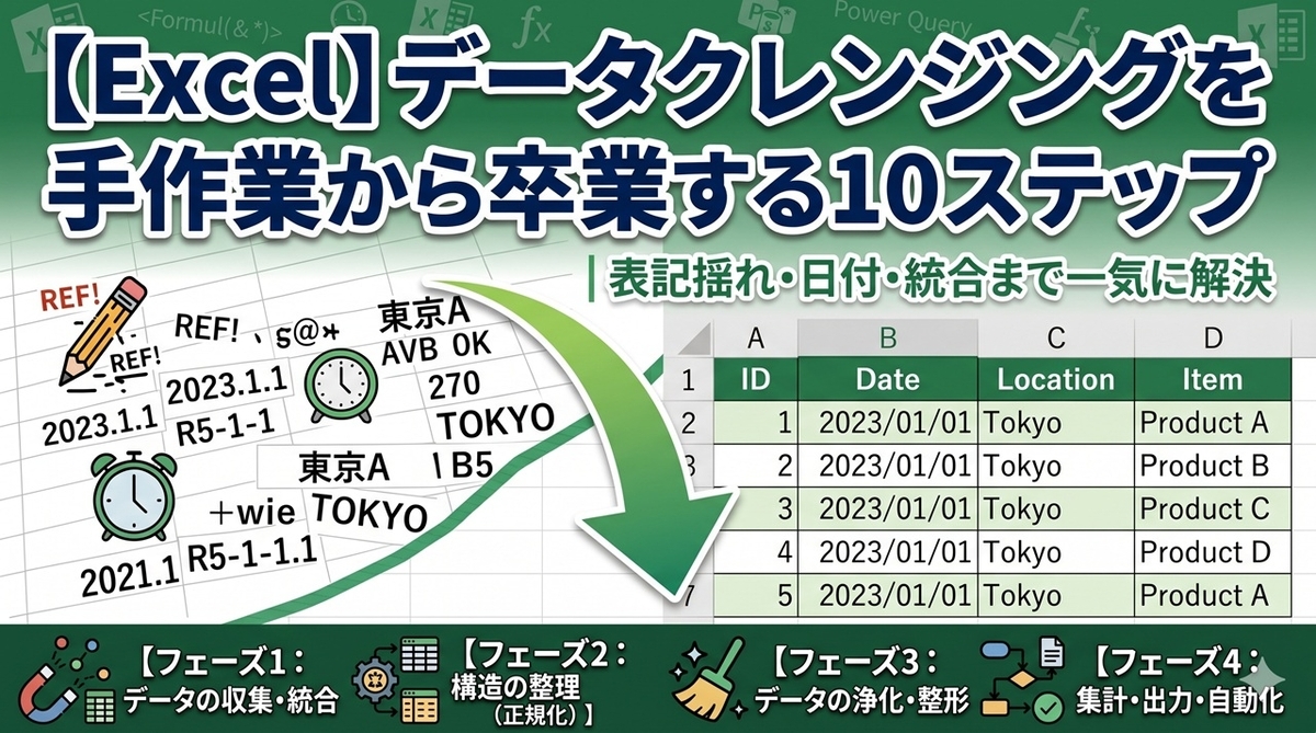 【Excel】データクレンジングを手作業から卒業する10ステップ｜表記揺れ・日付・統合まで一気に解決（ヘッダー画像）