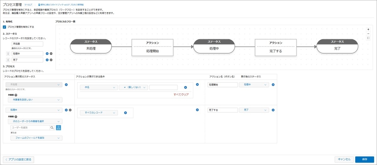 「アクションが実行できる条件」で申請時に必須にしたいフィールドが空のときは申請ボタンを表示しない、という設定です。