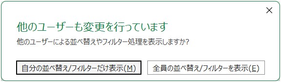 他のユーザーも変更を行っています　他のユーザーによる並び替えやフィルター処理を表示しますか？のメッセージ
