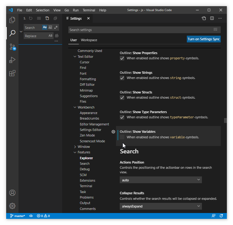 Visual Studio Code の OUTLINE の変数を表示しない - 将棋プログラミング