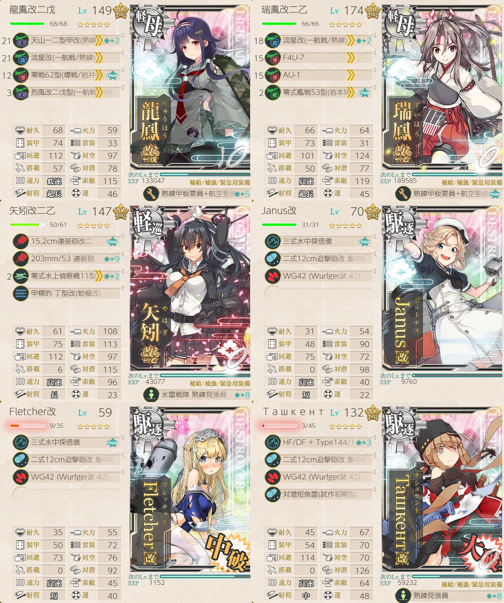 4-5 軽量編成 - 軽巡1駆逐3（龍鳳+瑞鳳+Ташкент） - 艦これ 編成メモなど