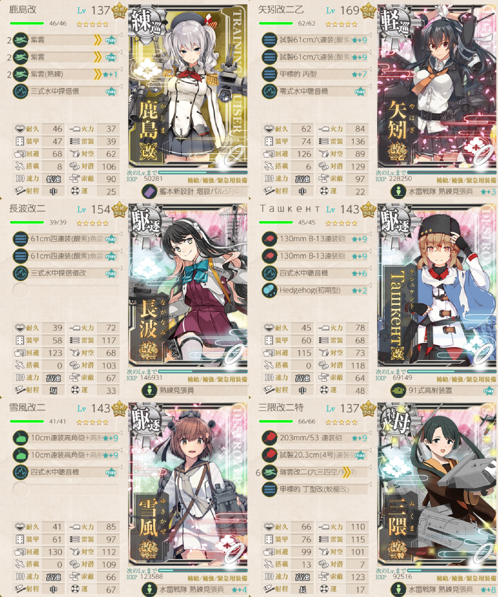 6-3 警戒陣 矢矧乙(魚雷)+三隈特+鹿島 - 艦これ 編成メモなど