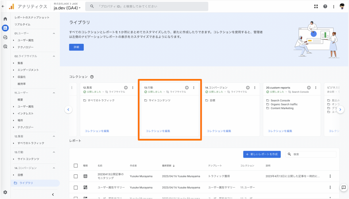 GA4で作成したレポートをコレクション、トピックに紐付ける