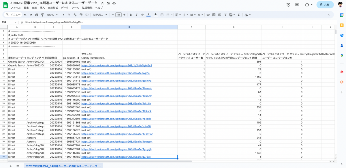  GA4 からスプレッドシートにデータエクスポートすると Microsoft Clarity でのレコーディングデータを確認