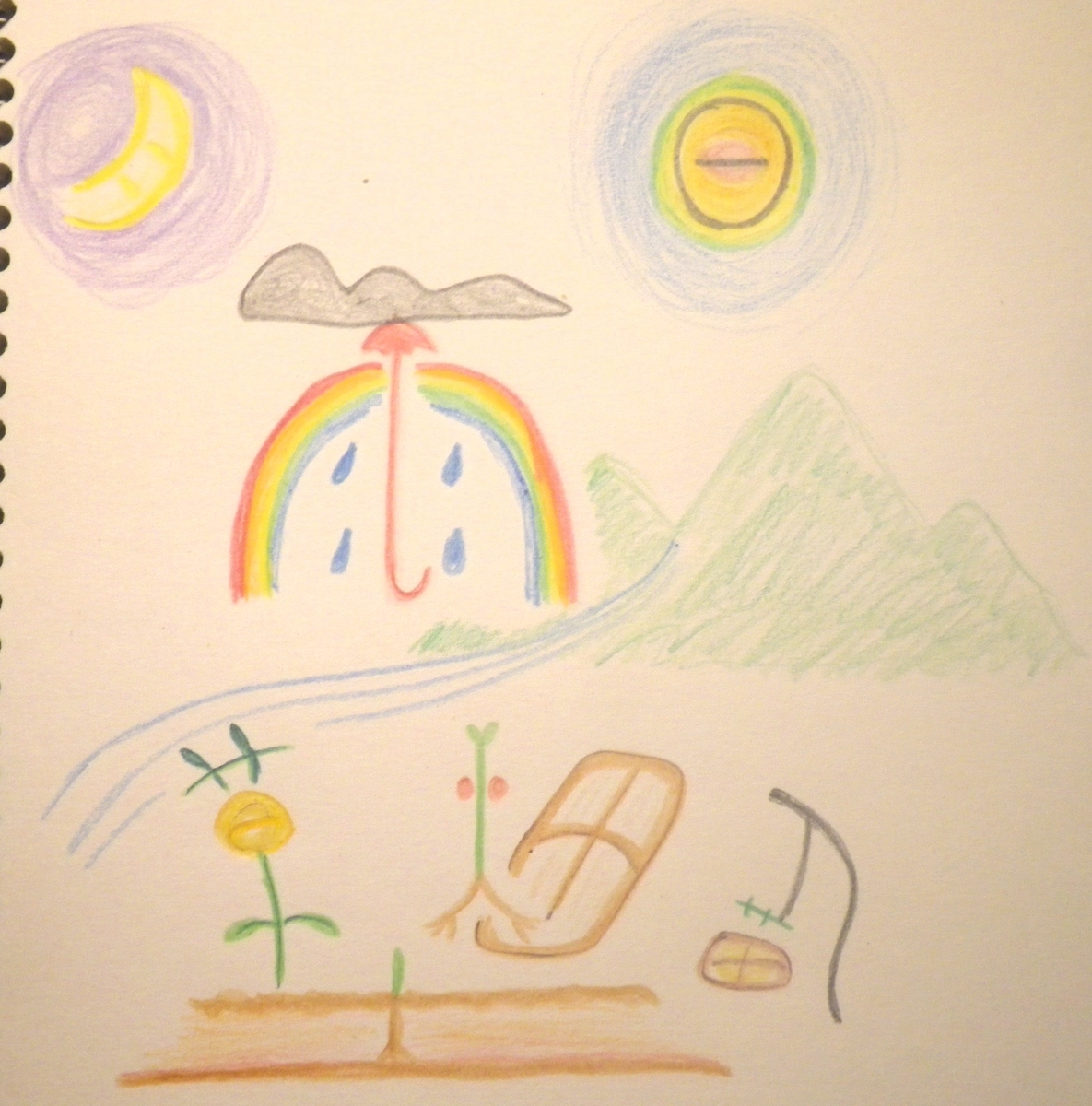 pictograms depicting the sun, moon, rain, grass, mountain, river, vegetable field, earth, human, and a seedling