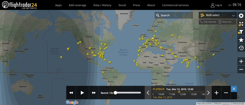 2019/03/12 12:00時点で運航中のボーイング737 MAX 8