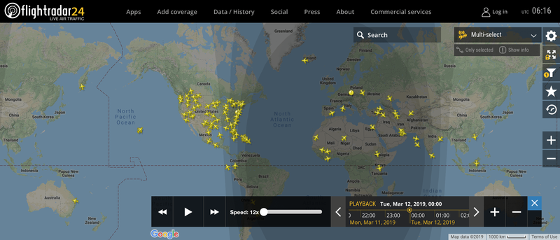 2019/03/12 00:00時点で運航中のボーイング737 MAX 8