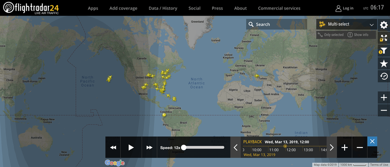 2019/03/13 12:00時点で運航中のボーイング737 MAX 8