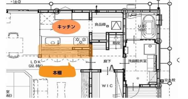 キッチン、本棚の図面