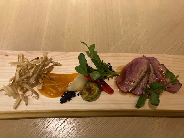 鴨の山椒焼き、イチジク、大徳寺納豆、 かぼちゃ、焼き野菜　