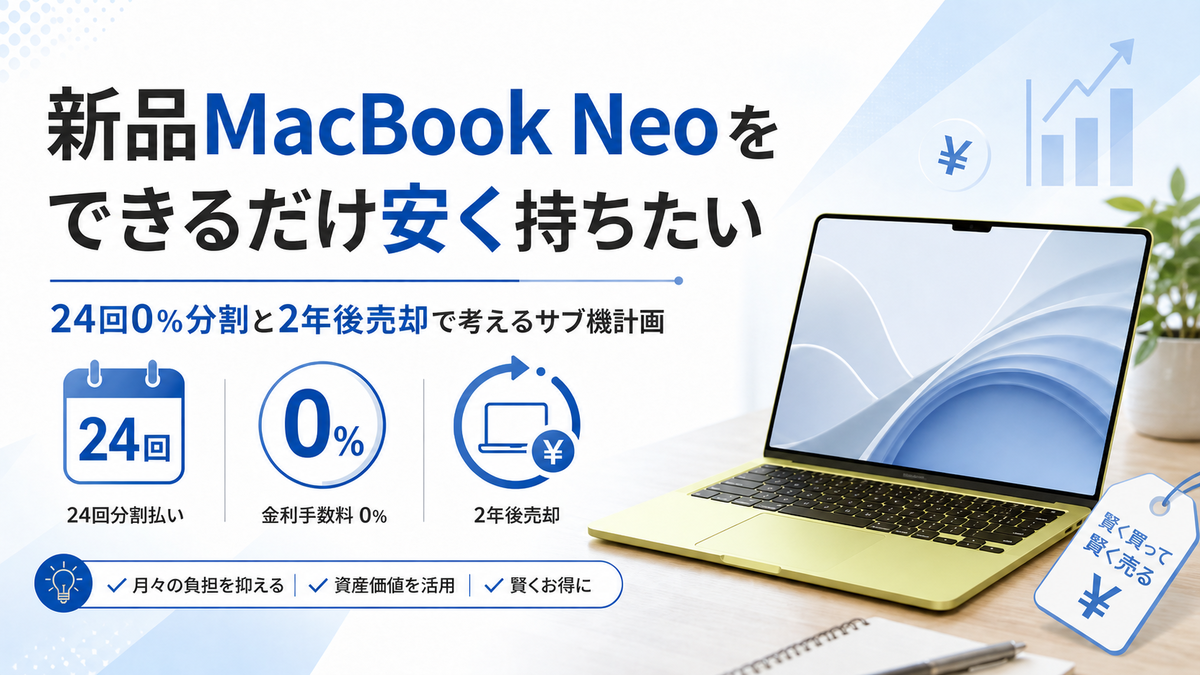 新品MacBook Neoをサブ機としてできるだけ安く持つために、24回0％分割と2年後売却を組み合わせた購入計画をイメージした画像です。