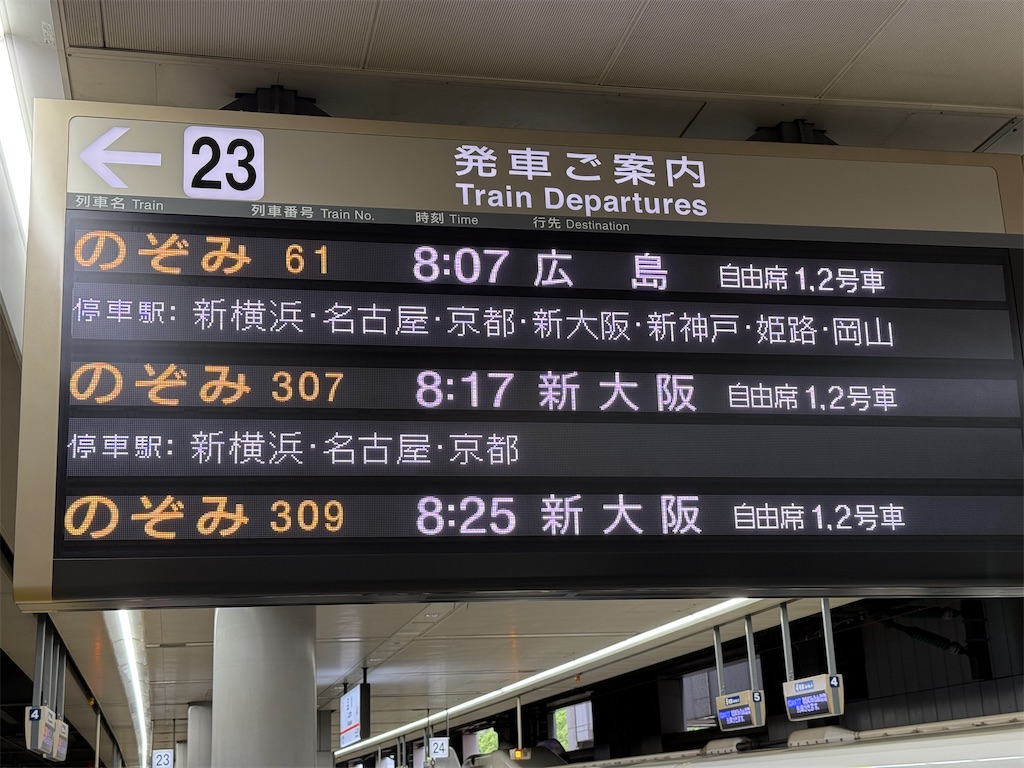 朝、品川駅から新幹線に乗って大阪に向かう