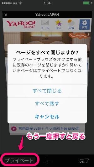 f:id:yoshizoblog:20140116014353j:plain iPhoneのプライベートブラウズ終了アラート