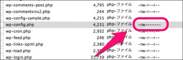 f:id:yoshizoblog:20140228224852j:plain 「wp-config.php」のパーミッションが読み書きの場合