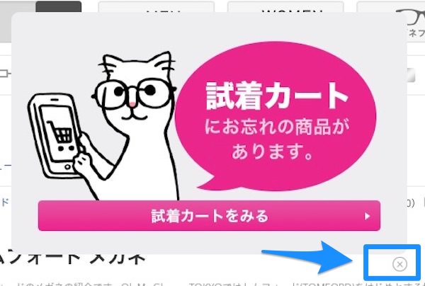 「試着カートにお忘れの商品があります」の右下に表示を消すボタンがある