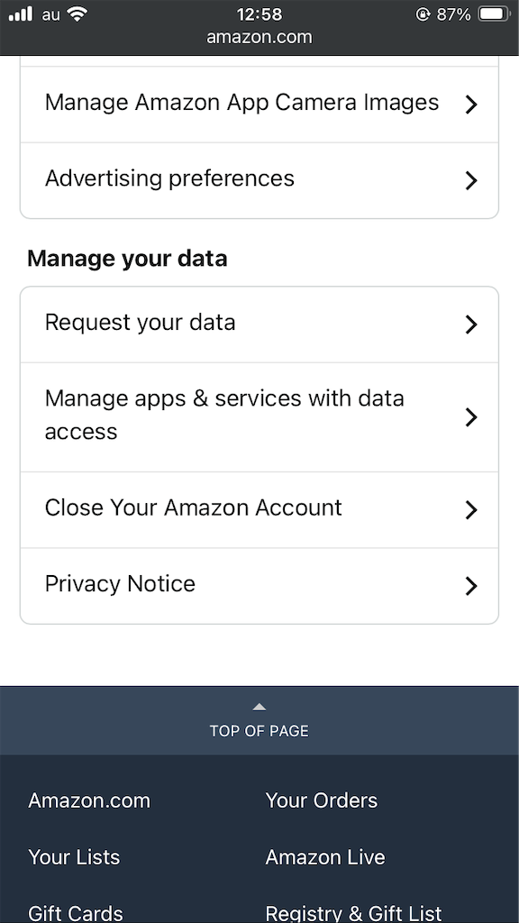 「Close Your Amazon Account」のリンクの場所を示している画面