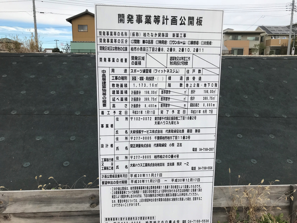 柏たなかのフィットネスジム開店計画
